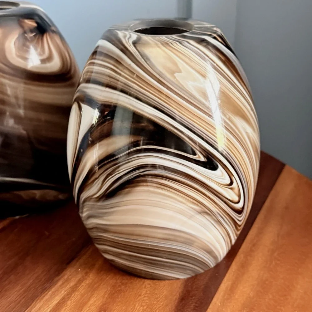 Pair Swirl Glass Pendant Lamp Shades Brown White Marbleized Bell Globes 6.5